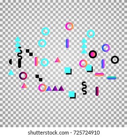 Bright festive background with confetti of geometric elements in a Memphis style. Colored postcard.