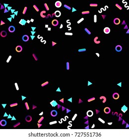 Bright festive background with confetti of geometric elements in a Memphis style. Colored postcard.