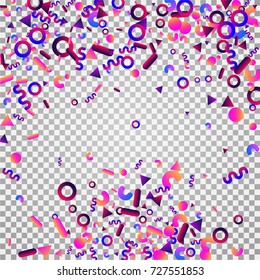 Bright festive background with confetti of geometric elements in a Memphis style. Colored postcard.
