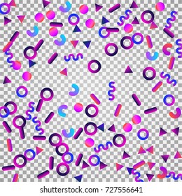Bright festive background with confetti of geometric elements in a Memphis style. Colored postcard.