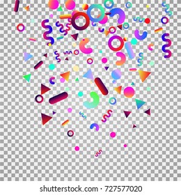 Bright festive background with confetti of geometric elements in a Memphis style. Colored postcard.