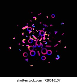 Bright festive background with confetti of geometric elements in a Memphis style. Colored postcard.