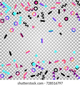 Bright festive background with confetti of geometric elements in a Memphis style. Colored postcard.