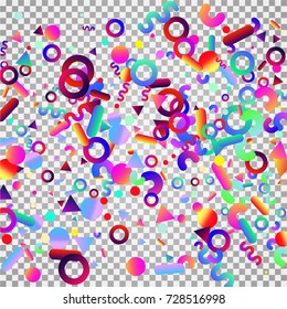 Bright festive background with confetti of geometric elements in a Memphis style. Colored postcard.