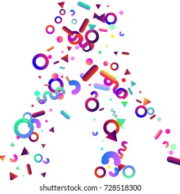 Bright festive background with confetti of geometric elements in a Memphis style. Colored postcard.