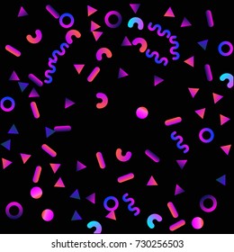 Bright festive background with confetti of geometric elements in a Memphis style. Colored postcard.