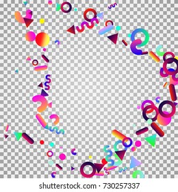 Bright festive background with confetti of geometric elements in a Memphis style. Colored postcard.