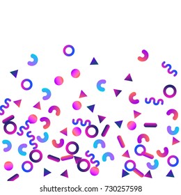 Bright festive background with confetti of geometric elements in a Memphis style. Colored postcard.