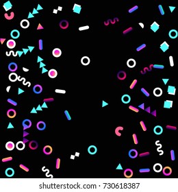 Bright festive background with confetti of geometric elements in a Memphis style. Colored postcard.