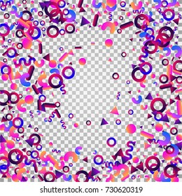 Bright festive background with confetti of geometric elements in a Memphis style. Colored postcard.