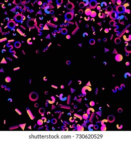 Bright festive background with confetti of geometric elements in a Memphis style. Colored postcard.