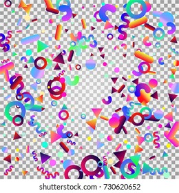 Bright festive background with confetti of geometric elements in a Memphis style. Colored postcard.