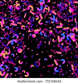 Bright festive background with confetti of geometric elements in a Memphis style. Colored postcard.