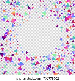 Bright festive background with confetti of geometric elements in a Memphis style. Colored postcard.