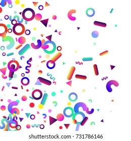 Bright festive background with confetti of geometric elements in a Memphis style. Colored postcard.