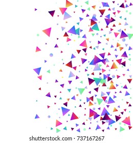 Bright festive background with confetti of geometric elements in a Memphis style. Colored postcard.
