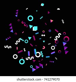 Bright festive background with confetti of geometric elements in a Memphis style. Colored postcard.