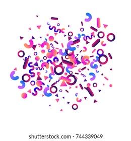Bright festive background with confetti of geometric elements in a Memphis style. Colored postcard.