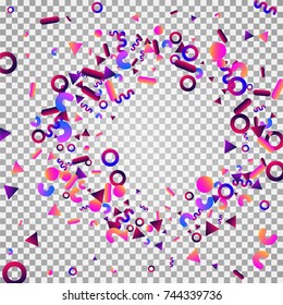 Bright festive background with confetti of geometric elements in a Memphis style. Colored postcard.