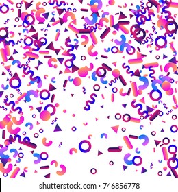 Bright festive background with confetti of geometric elements in a Memphis style. Colored postcard.