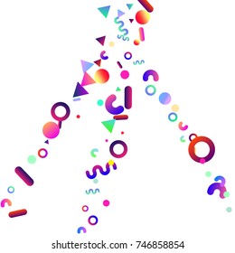 Bright festive background with confetti of geometric elements in a Memphis style. Colored postcard.