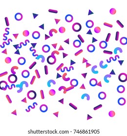 Bright festive background with confetti of geometric elements in a Memphis style. Colored postcard.