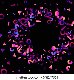 Bright festive background with confetti of geometric elements in a Memphis style. Colored postcard.