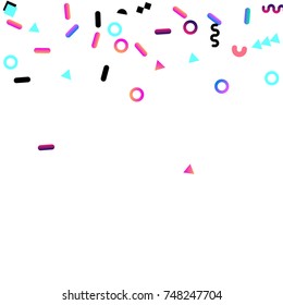Bright festive background with confetti of geometric elements in a Memphis style. Colored postcard.