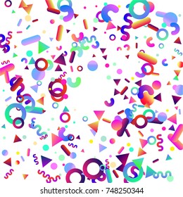 Bright festive background with confetti of geometric elements in a Memphis style. Colored postcard.