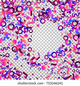 Bright festive background with confetti of geometric elements in a Memphis style. Colored postcard.