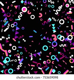 Bright festive background with confetti of geometric elements in a Memphis style. Colored postcard.