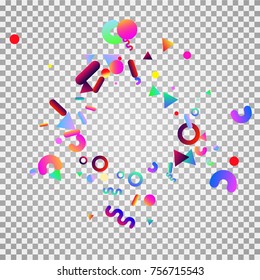 Bright festive background with confetti of geometric elements in a Memphis style. Colored postcard.