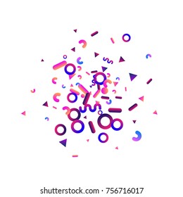 Bright festive background with confetti of geometric elements in a Memphis style. Colored postcard.