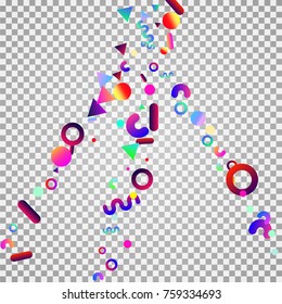 Bright festive background with confetti of geometric elements in a Memphis style. Colored postcard.