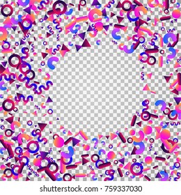 Bright festive background with confetti of geometric elements in a Memphis style. Colored postcard.