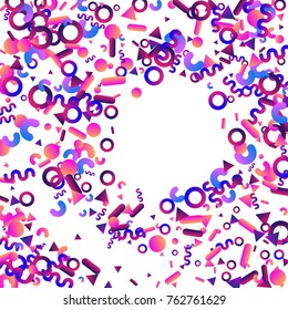Bright festive background with confetti of geometric elements in a Memphis style. Colored postcard.