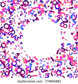 Bright festive background with confetti of geometric elements in a Memphis style. Colored postcard.