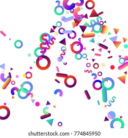 Bright festive background with confetti of geometric elements in a Memphis style. Colored postcard.