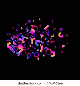 Bright festive background with confetti of geometric elements in a Memphis style. Colored postcard.