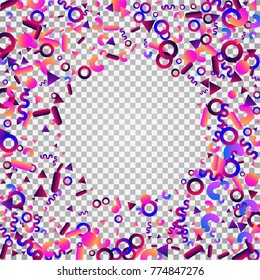 Bright festive background with confetti of geometric elements in a Memphis style. Colored postcard.