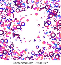 Bright festive background with confetti of geometric elements in a Memphis style. Colored postcard.