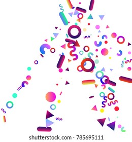 Bright festive background with confetti of geometric elements in a Memphis style. Colored postcard.