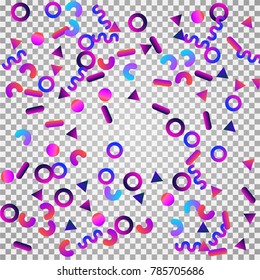 Bright festive background with confetti of geometric elements in a Memphis style. Colored postcard.