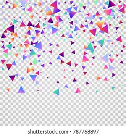 Bright festive background with confetti of geometric elements in a Memphis style. Colored postcard.
