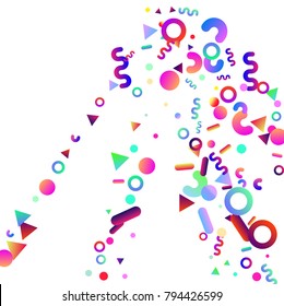 Bright festive background with confetti of geometric elements in a Memphis style. Colored postcard.