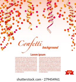 Bright festive background with confetti and streamers. Elements for your design. Vector illustration