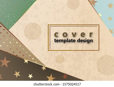Bright festive background, geometric polygonal shapes, golden stars, dots, circles. Place for text. Vector illustration for your design.