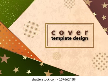 Bright festive background, geometric polygonal shapes, golden stars, dots, circles. Place for text. Vector illustration for your design.
