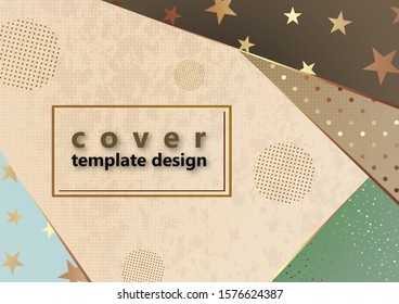 Bright festive background, geometric polygonal shapes, golden stars, dots, circles. Place for text. Vector illustration for your design.