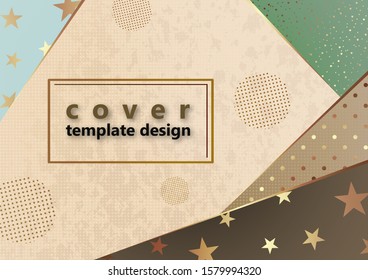 Bright festive background, geometric polygonal shapes, golden stars, dots, circles. Place for text. Vector illustration for your design.